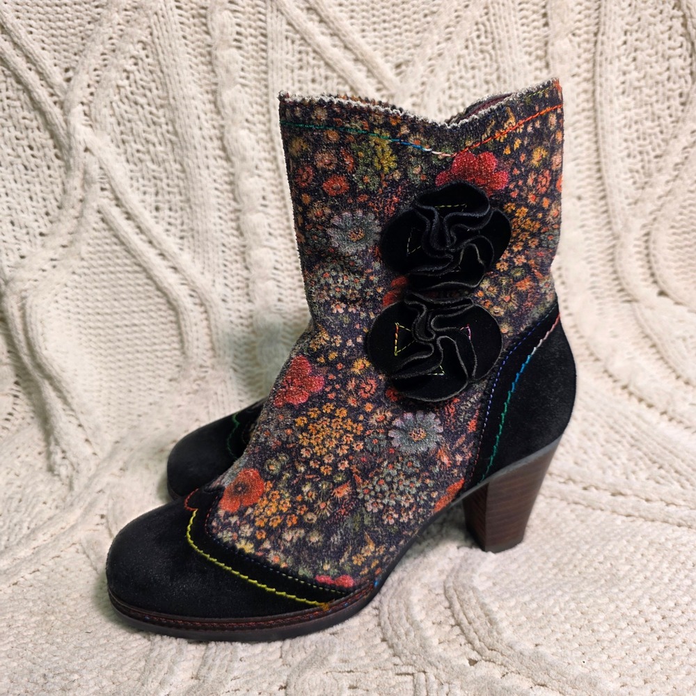 L'Artiste Spring Step 3D Floral All Leather Ankle Boots Art TO Wear Women 38 7.5